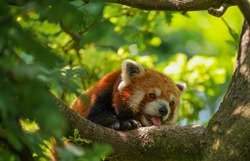 A panting red panda in a tree with its tongue out