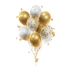 Bouquet, bunch of realistic transparent, golden ballons and gold ribbons, serpentine, confetti. Vector illustration for card, party, design, flyer, poster, decor, banner, web, advertising. 