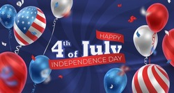 Banner with realistic balloons in American, USA color, serpentine, ribbon, stars. Happy Independence day, 4th of July. Vector illustration for card, party, flyer, poster, banner, web, advertising. 