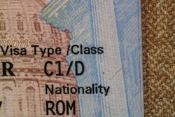 C1D US visa on passport, Fragment of Stamp C1D USA Seafarer Visa