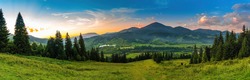 Panoramic landscape with sunset in mountains.