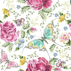 Embroidery trend floral seamless pattern with roses, violets and butterflies. Vector traditional folk flowers decor on white background for clothing design.