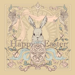 Hand drawn Easter bunny vintage style retro background. Vector luxury illustration. Greeting card with egg and easter bunny. 