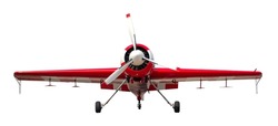 Front view of red aerobatic sports aircraft with piston engine with propeller. Isolated on white background 