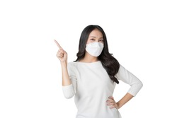 Young Asian woman wearing hygienic mask to prevent infection corona virus Air pollution pm2.5 in isolated on white background
