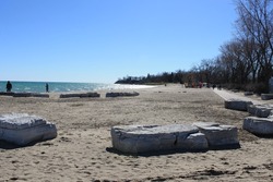 Boardwalk and beach at Lakeview Park, Oshawa, Ontario, Canada 