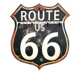 Isolated black and white vintage Route 66 sign-The Mother Road memorialized in song by Bobby Troupe and in John Steinbeck's book and the movie 