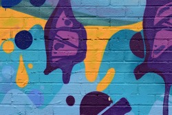 Blue, Yellow, and Purple Abstract, Spray Paint on Brick