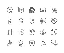 Simple Set of Loan Related Vector Line Icons. 
Contains such Icons as Interest Rate, Investment Plan, Percentage Diagram and more.
Editable Stroke. 48x48 Pixel Perfect.