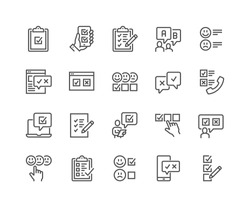 Simple Set of Survey Related Vector Line Icons. Contains such Icons as Emotional Opinion, Rating, Checklist and more.
Editable Stroke. 48x48 Pixel Perfect.