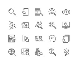 Simple Set of Search Related Vector Line Icons. Contains such Icons as Reverse Indexation, Search Bot, Artificial Intelligence and more. Editable Stroke. 48x48 Pixel Perfect.