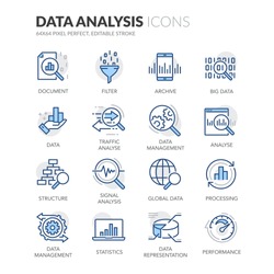 Simple Set of Data Analysis Related Vector Line Icons. Contains such Icons as Big Data, Processing, Performance and more. Editable Stroke. 64x64 Pixel Perfect.