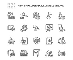 Simple Set of Court Related Vector Line Icons. Contains such Icons as Hammer, Justice, Lawyer and more. Editable Stroke. 48x48 Pixel Perfect.