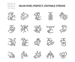 Simple Set of Washing Hands Related Vector Line Icons. Contains such Icons as Washing Instruction,  Antiseptic, Soap and more. Editable Stroke. 48x48 Pixel Perfect.