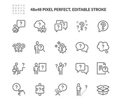 Simple Set of Question Related Vector Line Icons. Contains such Icons as Puzzle, Confused Man, Question Mark and more. Editable Stroke. 48x48 Pixel Perfect.