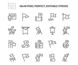 Simple Set of Flag Related Vector Line Icons. Contains such Icons as Achievement, Victory, Map with a Flag and more. Editable Stroke. 48x48 Pixel Perfect.