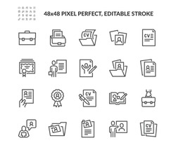 Simple Set of CV and Resume and Self Presentation Related Vector Line Icons. Contains such Icons as Portfolio, Diploma, Sketch Book and more. Editable Stroke. 48x48 Pixel Perfect.