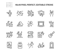 Simple Set of Music Festival Related Vector Line Icons. Contains such Icons as Singer, Stage, Happy People in Crowd and more. Editable Stroke. 48x48 Pixel Perfect.