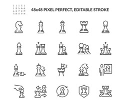 Simple Set of Chess Related Vector Line Icons. Contains such Icons as Queen, Strategy, Checkmate and more. Editable Stroke. 48x48 Pixel Perfect.