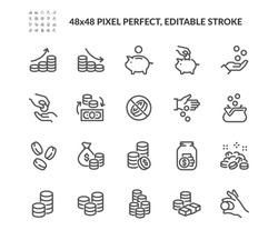 Simple Set of Coins Related Vector Line Icons. Contains such Icons as Coins Stack and Donation, Tips Jar and more. Editable Stroke. 48x48 Pixel Perfect.