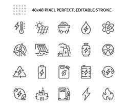 Simple Set of Energy Types Related Vector Line Icons. Contains such Icons as Hydroelectric Power Station, Solar Cells, Fossil Fuels and more. Editable Stroke. 48x48 Pixel Perfect.