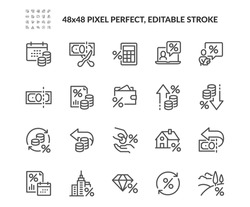 Simple Set of Tax Related Vector Line Icons. Contains such Money Report, Interest Rate, Tax Return and more. Editable Stroke. 48x48 Pixel Perfect.