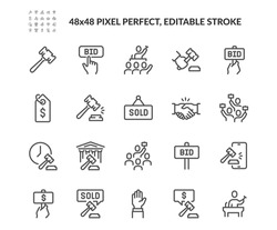 Simple Set of Auction Related Vector Line Icons. Contains such Icons as Price Tag, Deal, Auctioneer and more. Editable Stroke. 48x48 Pixel Perfect.