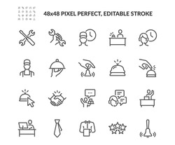 Simple Set of Service Related Vector Line Icons. 
Contains such Icons as Technical Support, Service Bell, Five Star Rating and more. Editable Stroke. 48x48 Pixel Perfect.