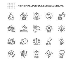 Simple Set of Meditation Related Vector Line Icons. Contains such Icons as Mindfulness, Balance, Group Meditation Session and more. Editable Stroke. 48x48 Pixel Perfect.