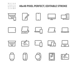 Simple Set of Personal Devices Related Vector Line Icons. 
Contains such Icons as Unfolded Tablet, Desktop PC Workstation, Round and Square Smart Watch and more. Editable Stroke. 48x48 Pixel Perfect.