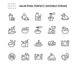 Simple Set of Meal Related Vector Line Icons. Contains such Icons as Fruit Basket, Noddles, Healthy Smoothies and more. Editable Stroke. 48x48 Pixel Perfect.