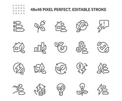 Simple Set of Energy Saving Related Vector Line Icons. 
Contains such Icons as Energy Costs, Power Consumption Level, Green House and more. Editable Stroke. 48x48 Pixel Perfect.