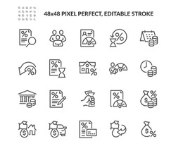 Simple Set of Credit Rating Related Vector Line Icons. Contains such Icons as Mortgage, Guarantors, Bank building and more. Editable Stroke. 48x48 Pixel Perfect.
