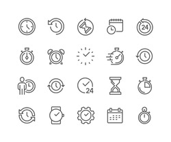Simple Set of Time Related Vector Line Icons. 
Contains such Icons as Timer, Speed, Alarm, Restore, Time Management, Calendar and more. Editable Stroke. 48x48 Pixel Perfect. 
