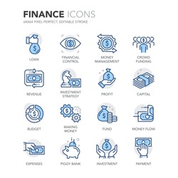 Simple Set of Finance Related Color Vector Line Icons. 
Contains such Icons as Crowd Funding, Money Flow, Money Management, Investment Strategy and more. Editable Stroke. 64x64 Pixel Perfect. 
