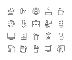 Simple Set of Office Related Vector Line Icons. 
Contains such Icons as Business Meeting, Workplace, Office Building, Reception Desk and more. 
Editable Stroke. 48x48 Pixel Perfect. 