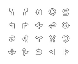 Simple Set of Direction Related Vector Line Icons. 
Contains such Icons as Arrows, Turning, Direction and more. 
Editable Stroke. 48x48 Pixel Perfect. 