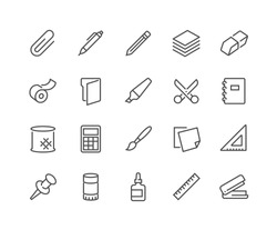 Simple Set of Stationery Related Vector Line Icons. 
Contains such Icons as Duct Tape, Paper, Eraser, Pen, Pencil and more. 
Editable Stroke. 48x48 Pixel Perfect. 