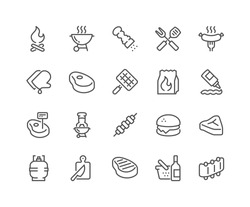 Simple Set of Barbecue Related Vector Line Icons. 
Contains such Icons as Steak, Ribs, Bonfire, Gas and more. 
Editable Stroke. 48x48 Pixel Perfect. 