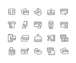 Simple Set of Credit Card Related Vector Line Icons. 
Contains such Icons as Chip, Register, Safe Payment, Cash, Sync and more. 
Editable Stroke. 48x48 Pixel Perfect. 
