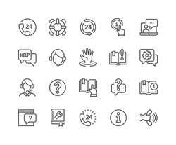 Simple Set of Help and Support Related Vector Line Icons. 
Contains such Icons as Phone Assistant, Online Help, Video Chat and more.
Editable Stroke. 48x48 Pixel Perfect. 
