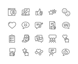 Simple Set of Testimonials Related Vector Line Icons. 
Contains such Icons as Customer Relationship Management, Feedback, Review, Emotion symbols and more. 
