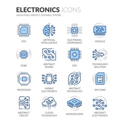 Simple Set of Electronics Related Color Vector Line Icons. 
Contains such Icons as CPU, Artificial Intelligence, Sim Card and more. 
Editable Stroke. 64x64 Pixel Perfect. 