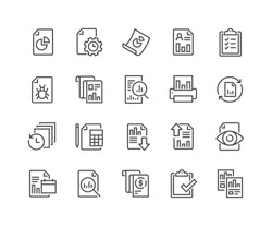 Simple Set of Report Related Vector Line Icons. 
Contains such Icons as Auto Reports, Calculation, Settings, Generate and more.
Editable Stroke. 48x48 Pixel Perfect.