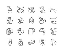 Simple Set of Hygiene Related Vector Line Icons. 
Contains such Icons as Washing Hands, Shower, Antibacterial Soap and more.
Editable Stroke. 48x48 Pixel Perfect.