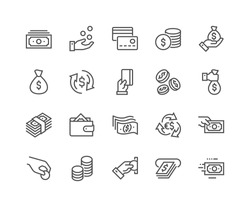 Simple Set of Money Related Vector Line Icons. 
Contains such Icons as Wallet, ATM, Bundle of Money, Hand with a Coin and more. Editable Stroke. 48x48 Pixel Perfect.