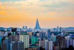 The skyline view of Ryugyong Hotel, an unfinished 105-story pyramid-shaped skyscraper & the first tall building in Pyongyang city, the capital of North Korea (DPRK)
