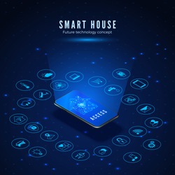 Smart House Concept. Smartphone with House Circuit Silhouette on Screen and Icons Set. Smart Home Monitoring and Control Systems. Vector Illustration