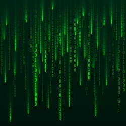 Sci-fi Background. Binary computer code. Green digital numbers. Matrix of binary numbers. Futuristic hacker abstraction backdrop. Random numbers falling on the dark background. Vector