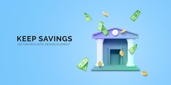 3d bank building and falling coins and paper currency. 3d realistic bank icon. Money transaction or savings concept. Vector illustration